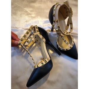 Gold Stud Strappy Ankle T-Strap Stiletto Heel Pump